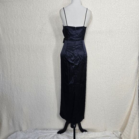 After Six 6828 Midnight Blue Charmeuse Faux Wrap Midi Dress Tulip Skirt 12R - Picture 5 of 9